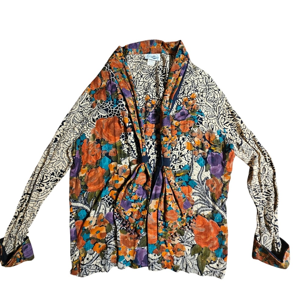 VTG D. Broadway Crinkle Rayon Floral Paisley Open Front Cardigan M Art‎ To Wear